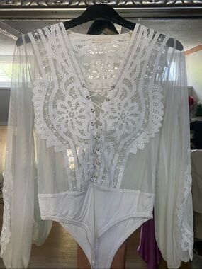 Hot & Delicious White Lace-Up Sheer Bodysuit with Crochet Detail